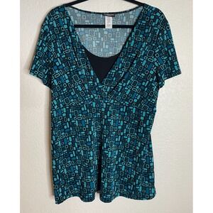 Perception Womens 3X Blue‎ Geometric Babydoll Slinky Blouse Top Artsy Career